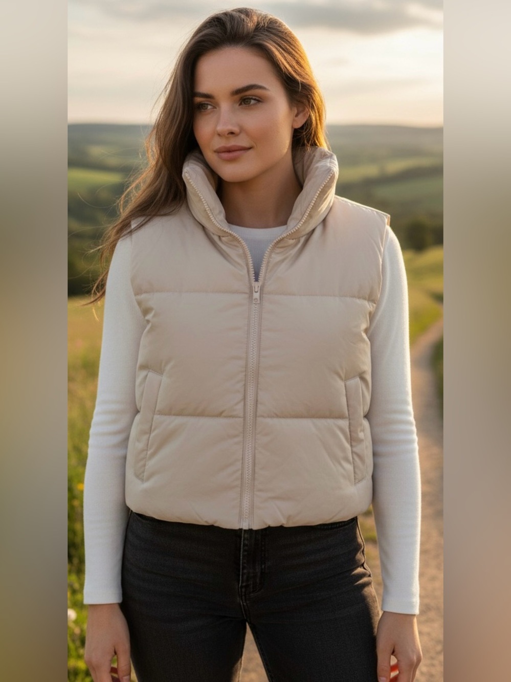 SHEIN EZwear Solid Zipper Crop Puffer Gilet Beige Size Large